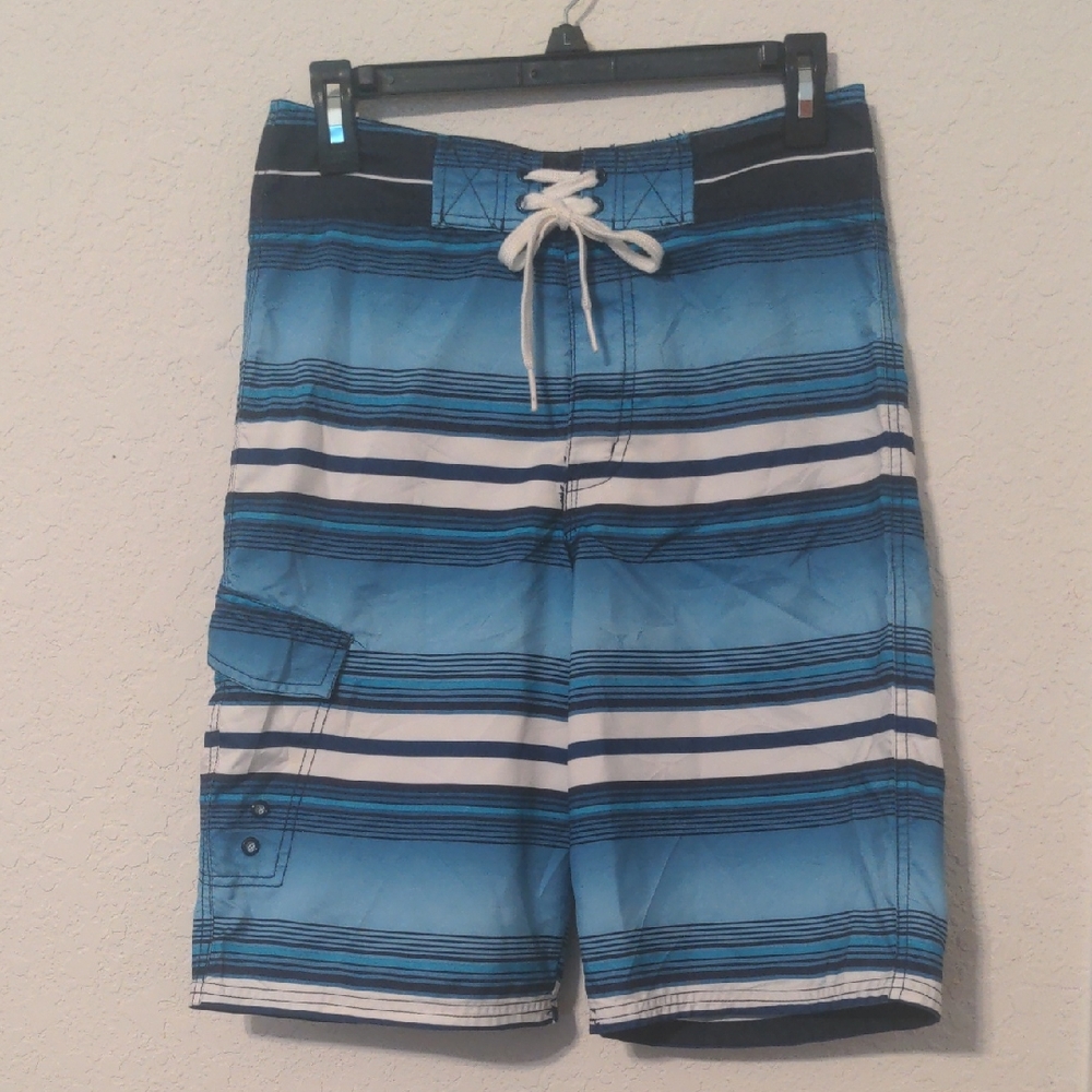 Mossimo Supply Co. Men's Blue, Black & White Striped Swimming Trunks. Size 28